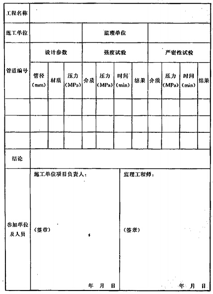系统施工过程中的管道试压记录